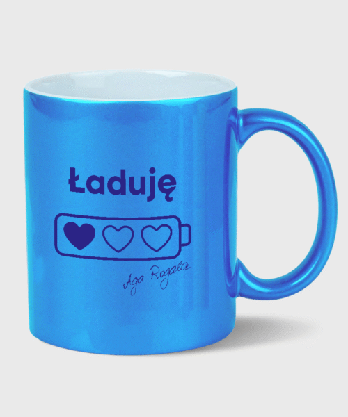 Kubek Ładuję baterie perłowy niebieski (330 ml)