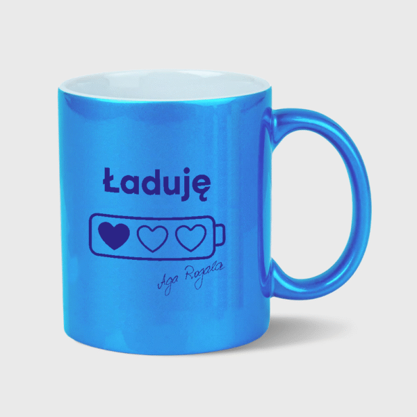 Kubek Ładuję baterie perłowy niebieski (330 ml)